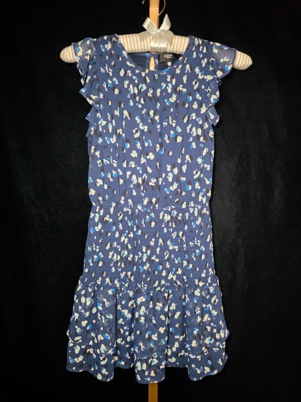 Aqua Girl's Smocked Flutter Sleeve Navy Dress L(10-12)